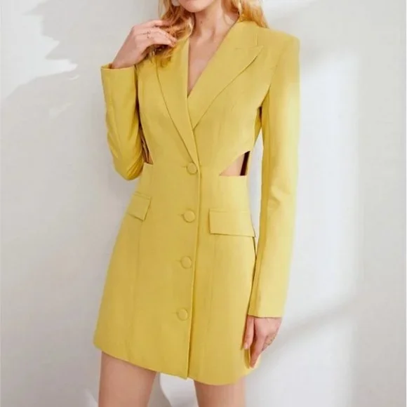 side cut out buttoned blazer dress chic classy elegant fall winter trend yellow - Picture 1 of 7